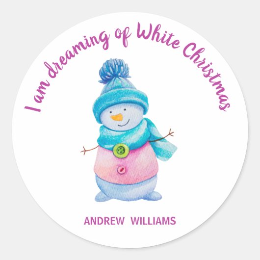 Leuke Waterverf Kerstmis Sneeuwman Aangepaste Naam Ronde Sticker (Voorkant)