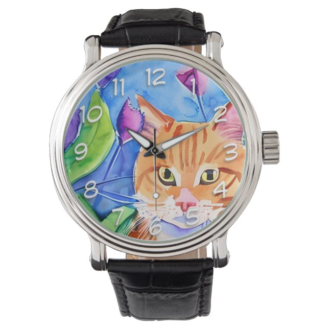 Leuke Waterverf Oranje kat Horloge (Voorkant)
