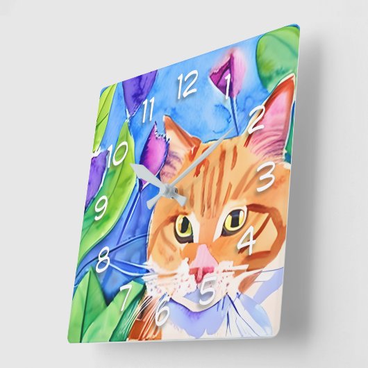 Leuke Waterverf Oranje kat Vierkante Klok (Hoek)