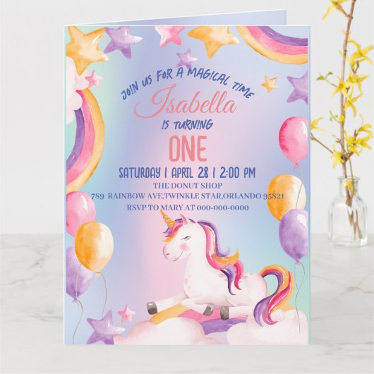 Leuke Waterverf pastel Eenhoorns Regenboog Verjaar Kaart (Gele Bloem)