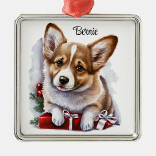 LEUKE WATERVERF PEMBROKE WELSH CORGI PUPPY METALEN ORNAMENT