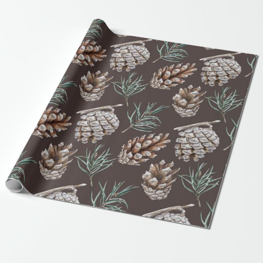 Leuke Waterverf Pinecones Kerst Cadeaupapier (Uitgerold)