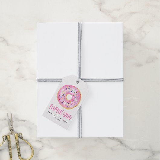 Leuke Waterverf Pink Donut Verjaardag Dank u Cadeaulabel (Met Touw)