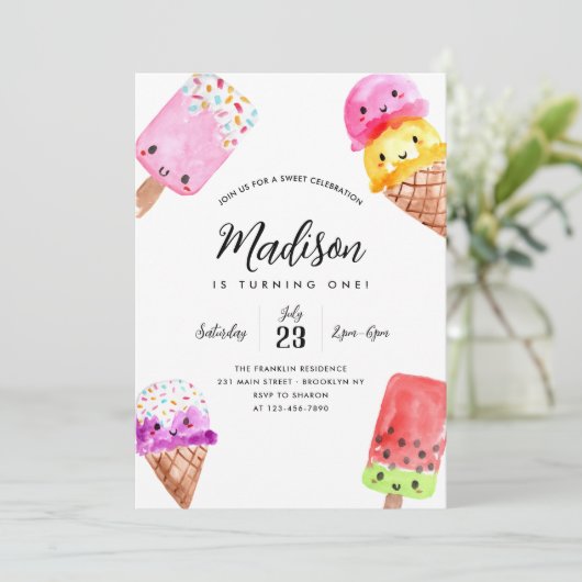 Leuke Waterverf Popsicle Cone Ice Cream Verjaardag Kaart (Staand voorkant)