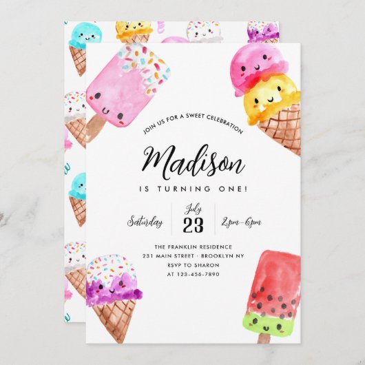 Leuke Waterverf Popsicle Cone Ice Cream Verjaardag Kaart (Voorkant / Achterkant)