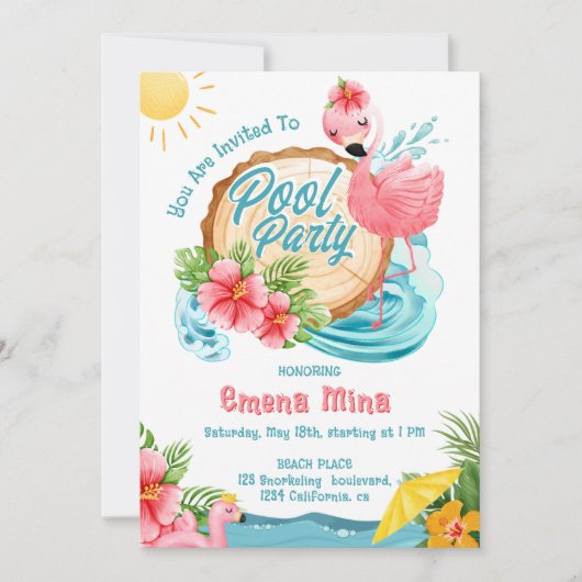 Leuke waterverf roze flamingo zwembad partij kaart (Voorkant)