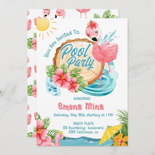 Leuke waterverf roze flamingo zwembad partij kaart (Voorkant / Achterkant)