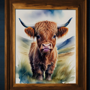 Leuke Waterverf Schilderen van een Highland Koe 5: Poster