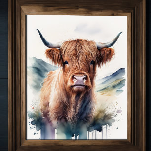 Leuke Waterverf Schilderen van een Highland Koe 5: Poster