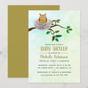 Leuke Waterverf Uil Baby shower Party Invitation Kaart