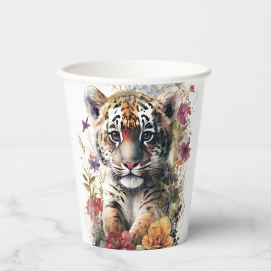 Leuke Waterverf Wild Tiger Cub Kids Verjaardag Papieren Bekers (Voorkant)