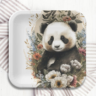 Leuke Waterverf Wildflower Panda Beer Verjaardag Papieren Bordje