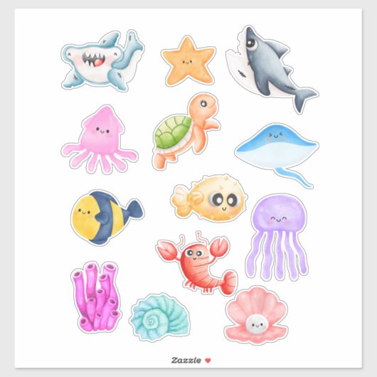 Leuke Waterverf Zee Creatures Puffer Fish Shark Sticker (Vel)