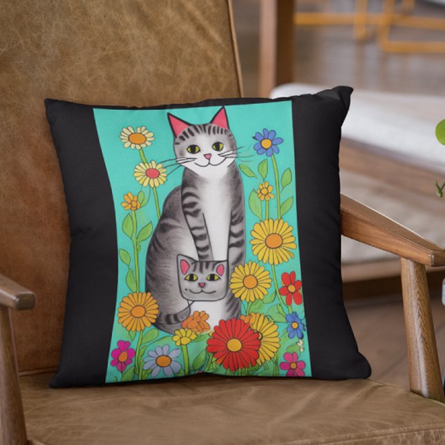 Leuke Whimsical Folk Art Kat en Kitten Quote Kussen (Creator heeft geüpload)