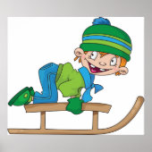 Leuke Winter Sledding Boy Schattige Sneeuwavontuur Poster (Voorkant)
