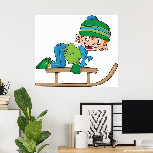 Leuke Winter Sledding Boy Schattige Sneeuwavontuur Poster