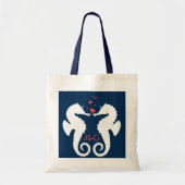 Leuke witte en marineblauwe zeepaardjes tote bag (Voorkant)