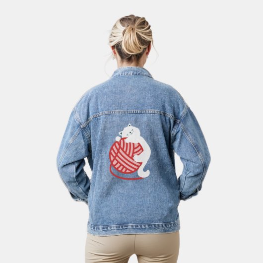 Leuke witte kat met garen bal denim jacket (Model)