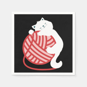 Leuke witte kat met garen bal servet