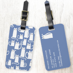 Leuke witte kat op blauw bagagelabel