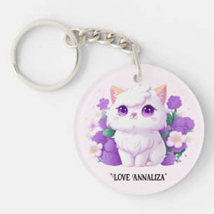 Leuke witte pluizige Perzische Kat met Morning Glo Sleutelhanger
