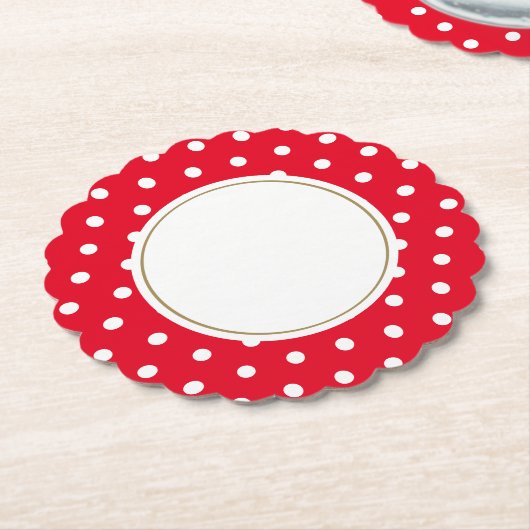 Leuke witte stippen op cirkelvormige felrode velg kartonnen onderzetters (Gekanteld)