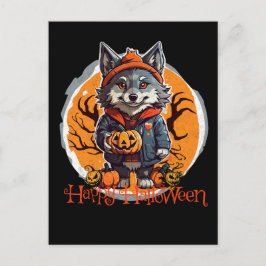 Leuke Wolfie met pompoenen Happy Halloween Vibes Briefkaart
