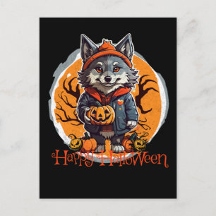 Leuke Wolfie met pompoenen Happy Halloween Vibes Briefkaart