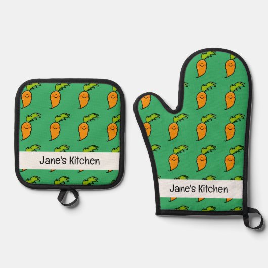 Leuke wortel (naam) ovenwant & pannenlap set (Voorkant)