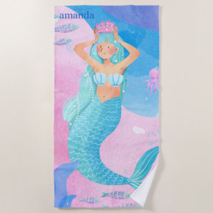 Leuke zeemeermin kleurrijke waterverven illustrati strandlaken