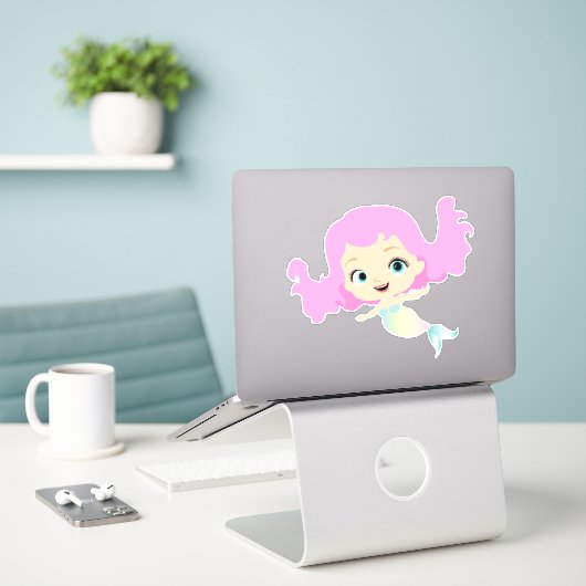 Leuke zeemeermin met roze haar sticker (Laptop op bureau)