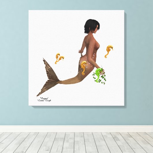 Leuke zeemeermin met zeepaardjes gespannen canvas (Insitu (Houten vloer))