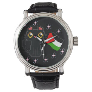 Leuke zwarte kat houdt Palestijnse vlag vast Horloge