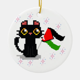 Leuke zwarte kat houdt Palestijnse vlag vast Keramisch Ornament