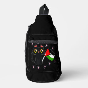Leuke zwarte kat houdt Palestijnse vlag vast Sling Bag