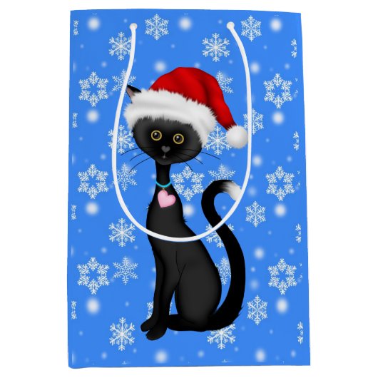 Leuke zwarte kat, kerstmuts en sneeuwvlokken kerst medium cadeauzakje (Voorkant)