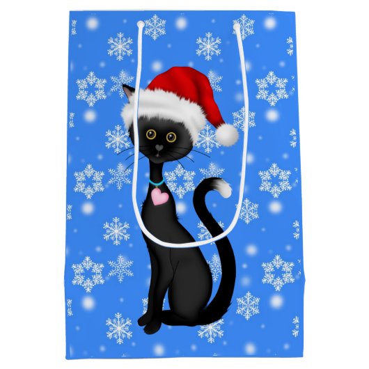 Leuke zwarte kat, kerstmuts en sneeuwvlokken kerst medium cadeauzakje (Achterkant)