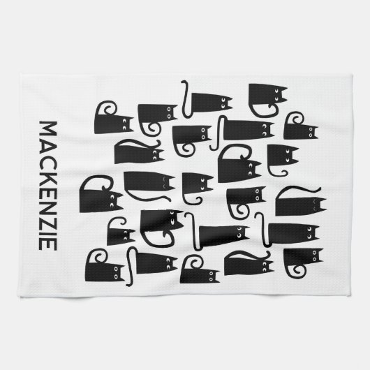 Leuke zwarte katten gepersonaliseerde naam theedoek (Horizontaal)