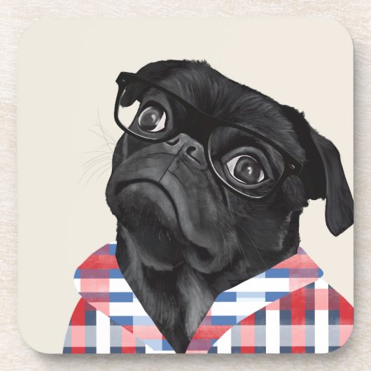 Leuke zwarte pug dog met bril en check Shirt Bier Onderzetter (Voorkant)