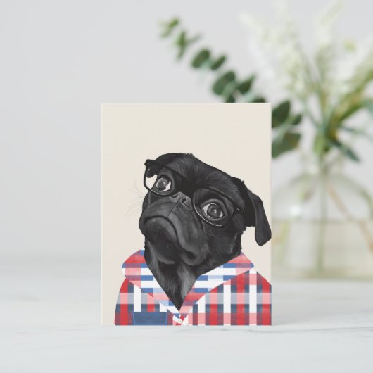 Leuke zwarte pug dog met bril en check Shirt Briefkaart (Staand voorkant)