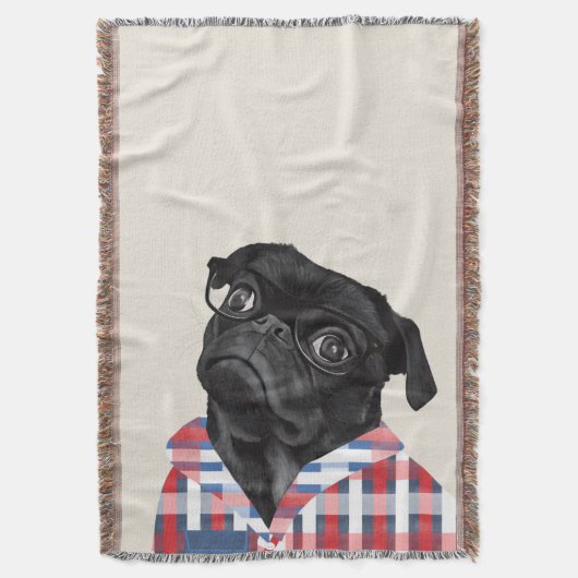 Leuke zwarte pug dog met bril en check Shirt Deken (Voorkant Verticaal)