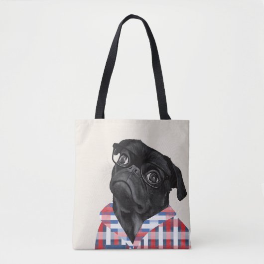 Leuke zwarte pug dog met bril en check Shirt Draagtas (Voorkant)