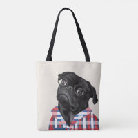 Leuke zwarte pug dog met bril en check Shirt