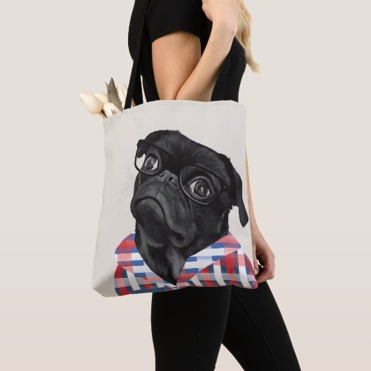 Leuke zwarte pug dog met bril en check Shirt Draagtas (Dichtbij)