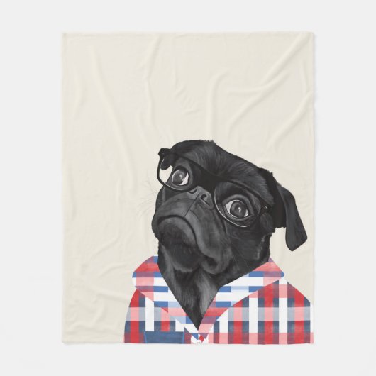 Leuke zwarte pug dog met bril en check Shirt Fleece Deken (Voorkant)