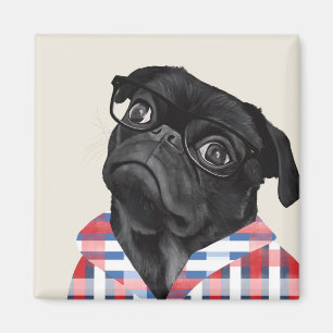 Leuke zwarte pug dog met bril en check Shirt Magneet