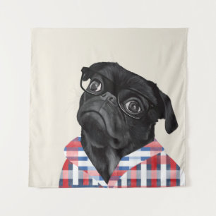 Leuke zwarte pug dog met bril en check Shirt Wandkleed