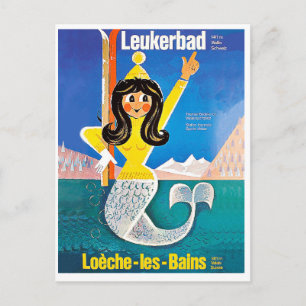 Leukerbad, Zwitserland, zeemeermin met ski-uitrust Briefkaart