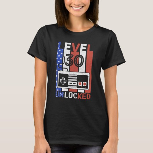 Level 30 Ontgrendelde American Flag Videogame 30th T-shirt (Voorkant)