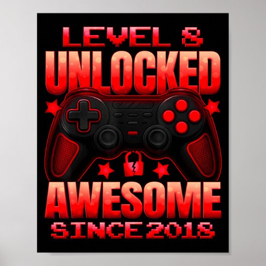 Level 8 Unlocked 8 Year Old For Boys 8th Birthday Poster (Voorkant)